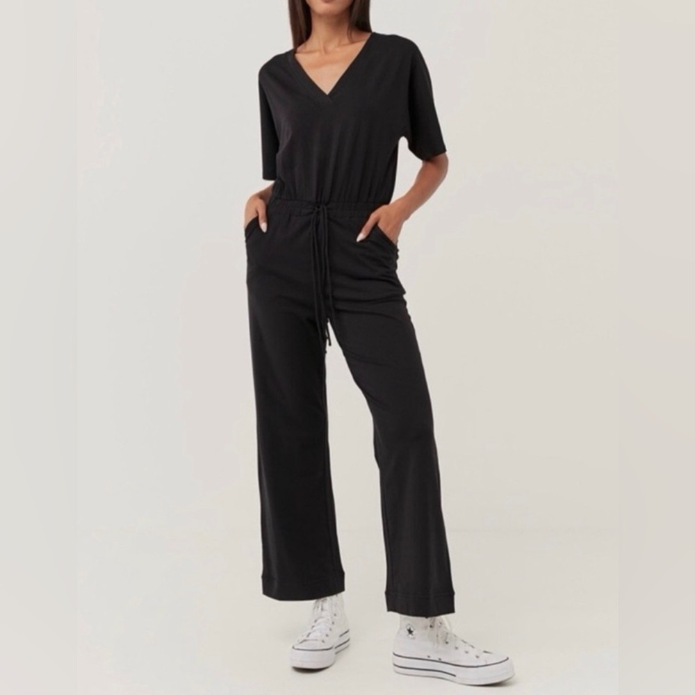Pact Revive Deep V-Neck Organic Cotton Jumpsuit Black
